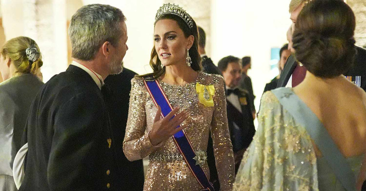 Princess Kate is beautiful in a pink dress and Lovers Knot crown at the Palace