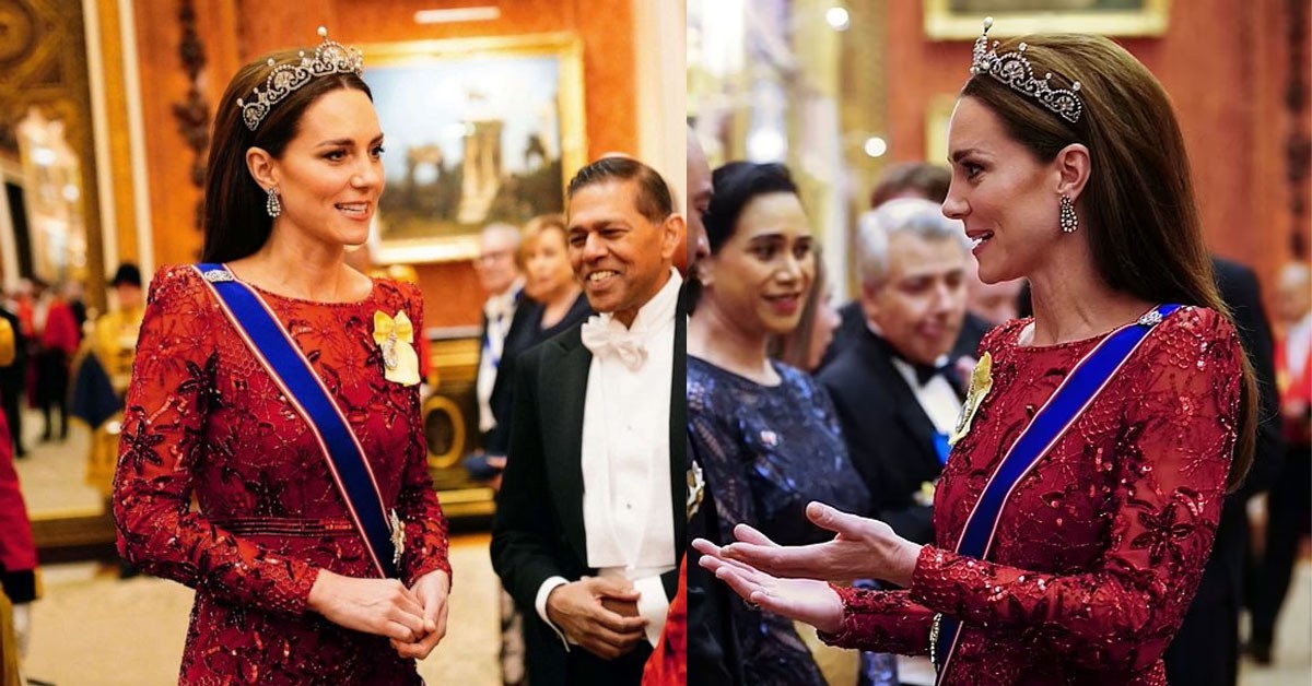 Princess Catherine dazzled in a bejeweled dress and lotus crown at Buckingham Palace