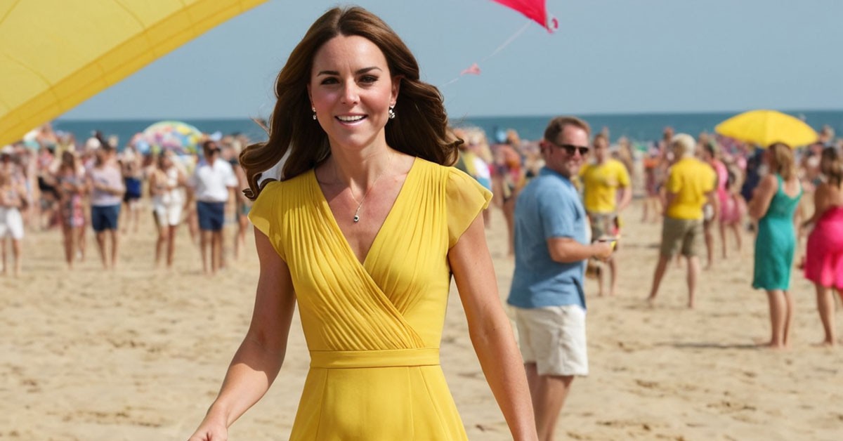 Sun kissed beauty: Kate Middleton shines in bright yellow on a fun day at the beach with colorful kites