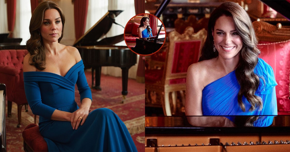 Princess Catherine looked stunning in a bold blue off-the-shoulder dress by Jenny Packham while playing the piano