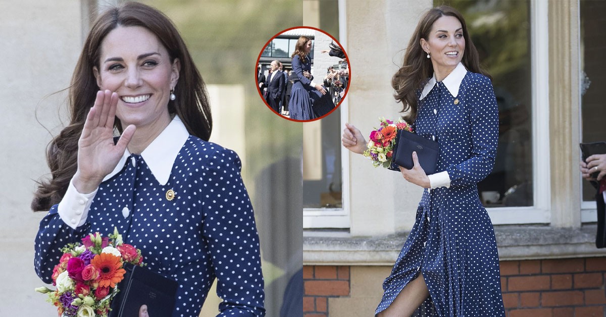 TODAY! Image of Princess Catherine wearing an Alessandra Rich dress when visiting Bletchley Park