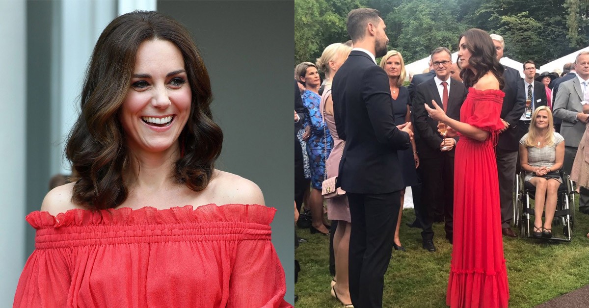 AWW! Princess Catherine in a bright red dress next to William at an outdoor party in Berlin