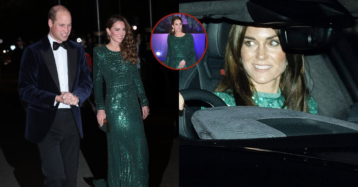 Princess Catherine made her first appearance in a long emerald gown as she and William arrived at Charles' house in a Range Rover