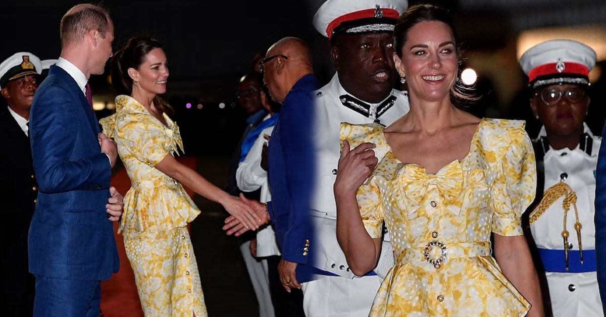 Catherine dazzled in a gold peplum dress by Alessandra Rich as she appeared at the Buckingham Palace reception